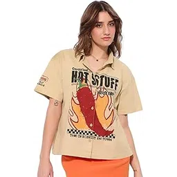 the souled store Cotton Linen: Teekhi Mirchi Women and Girls Short Sleeves Collared Neck Button Front Beige Graphic Printed Cotton Linen Oversized Holiday Shirts-picture-40