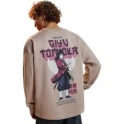 the souled store Demon Slayer: Giyu Men and Boys Round Neck Beige Graphic Printed Cotton Lightweight All-Season Full Sleeves Oversized T-Shirt-picture-18