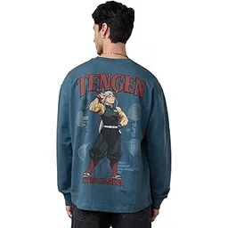 the souled store Demon Slayer: Tengen Men and Boys Long Sleeve Round Neck Blue Graphic Printed Drop Shoulder Casual Anime Streetwear Oversized T-Shirt-picture-38