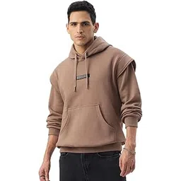 the souled store Desert Dune Men and Boys Full Sleeves Hooded Neck Brown Solid Cotton Blend Oversized Fit Winter Hoodie-picture-40