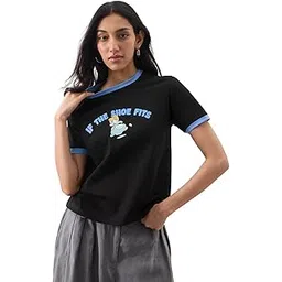the souled store Disney: If The Shoe Fits Women and Girls Short Sleeves Round Neck Black Graphic Printed Cotton Relaxed Fit Lightweight Casual Streetwear T-Shirt-picture-15