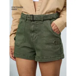 The Souled Store Fern Green Cotton Solid Denim Shorts-picture-10