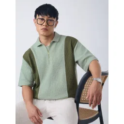 The Souled Store Green Cotton Loose Fit Colour Block Polo T-Shirt-picture-45
