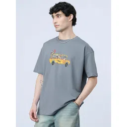 The Souled Store Grey Cotton Loose Fit Printed T-Shirt image 1
