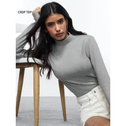 The Souled Store Grey Ribbed Top Grey Melange Women Full Sleeves Tops-picture-29