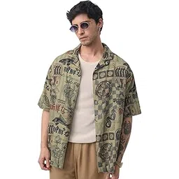 the souled store Harbour Heritage Men and Boys Short Sleeve Cuban Collar Green All Over Print Summer Ready Streetwear Casual Cotton Oversized Shirt-picture-52