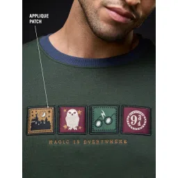The Souled Store Harry Potter: Magic is Everywhere Men and Boys Full Sleeves Round Neck Dark Green Embroidered Drop Shoulder Streetwear Winter Ready Cotton Blend Oversized Sweatshirt image 1