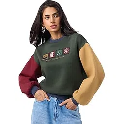 the souled store Harry Potter: Magic is Everywhere Women and Girls Full Sleeves Round Neck Olive Green Cotton Blend Casual Drop Shoulder Streetwear Winter Wear Pullover Oversized Sweatshirt-picture-18