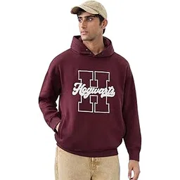 the souled store Harry Potter: School of Magic Men and Boys Full Sleeves Hooded Neck Burgundy Graphic Printed Cotton Blend Oversized Fit Pullover Hoodie-picture-28