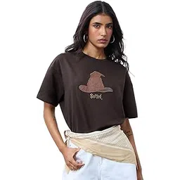 the souled store Harry Potter: Sorted Women and Girls Short Sleeves Round Neck Brown Embellished Cotton Oversized T-Shirt-picture-52