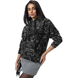 The Souled Store Hello Kitty: Scribbles Women and Girls Long Sleeve Hooded Neck Black All Over Printed Polyester Drop Shoulder Streetwear Winter Ready Casual Pullover Oversized Hoodie-picture-37