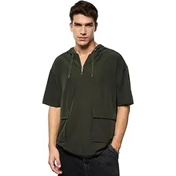 the souled store Hooded T-Shirt: Olive Men and Boys Short Sleeves Hooded Neck Green Solid Cotton Oversized Fit Dual Front Flap Pockets Lightweight All-Season Comfortable T-Shirt-picture-38