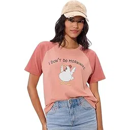 the souled store I Don't Do Mornings Women and Girls Short Sleeves Round Neck Pink Graphic Printed Cotton Relaxed Fit T-Shirts-picture-18
