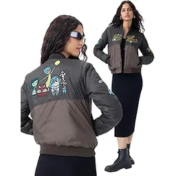 the souled store Inside Out: Mixed Emotions Women and Girls Full Sleeves Spread Collar Dark Grey Graphic Printed Polyester Regular Fit Lightweight Bomber Jacket-picture-27