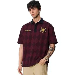 the souled store Jacquard Polo: Harry Potter Hogwarts Men and Boys Short Sleeves Collared Neck Maroon Embroidered Cotton Oversized Polos-picture-54