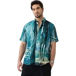 the souled store Jungle Book: Into The Wild Men and Boys Short Sleeves Collared Neck Button Front Blue Printed Cotton Blend Regular Fit Holiday Shirts-picture-47