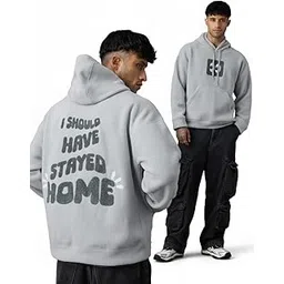 the souled store Just Stay Home Men and Boys Long Sleeve Hooded Neck Light Grey Embroidered Casual Drop Shoulder Streetwear Polyester Oversized Pullover Hoodie-picture-51