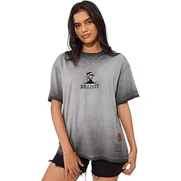 the souled store Killing It Women and Girls Short Sleeves Round Neck Grey Washed Cotton Oversized T-Shirts-picture-12