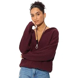 the souled store Knitted Hooded Sweater: Maroon Women and Girls Long Sleeves Hooded Neck Zipper Front Acrylic Oversized Sweaters-picture-38