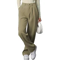 the souled store Korean Pants 3.0: Forest Green Women and Girls Buttoned Solid Polyester Straight Fit Casual Korean Pants-picture-11