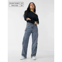 The Souled Store Light Blue Straight Fit Denim Cargo Jeans image 4