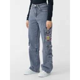 The Souled Store Light Blue Straight Fit Denim Cargo Jeans image 3