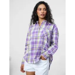The Souled Store Lilac Cotton Boyfriend Fit Plaid Shirt-picture-29
