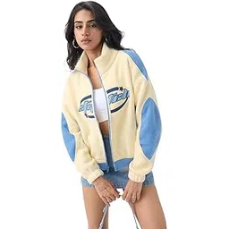 the souled store Lilo & Stitch: Starry Dreams Women and Girls Full Sleeves Mock Neck Light Yellow and Blue Graphic Printed Cotton Polyester Oversized Fit Winter Polar Fleece Jacket-picture-29