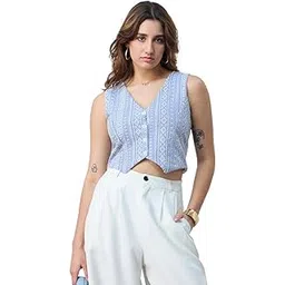The Souled Store Linen Blend Vest: Aztec Women and Girls V Neck Sleeveless Button Front Blue Printed Polyester Blend Regular Fit Cropped Tops-picture-25