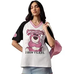 the souled store Lotso: Toy Story Women and Girls Short Sleeves V-Neck White Graphic Printed Cotton Lightweight Everyday Streetwear Oversized T-Shirt-picture-37