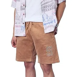 the souled store Lounge Shorts: Dawn Men and Boys Drawstringed Beige Embroidered Cotton Lounge Shorts-picture-34