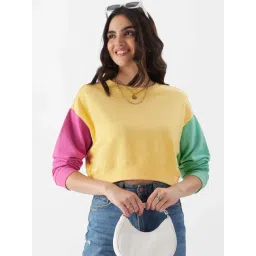 The Souled Store Multicolored Cotton Color-Block Crop Sweatshirt-picture-34