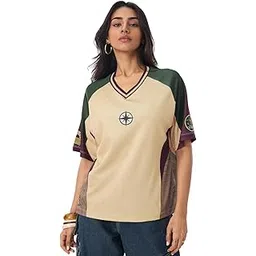 the souled store Musaafir: Women and Girls Short Sleeves V-Neck Graphic Printed Polyester Lightweight Everyday Streetwear Sportswear Sporty Look Oversized Jersey-picture-50