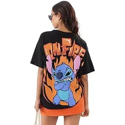 the souled store Official Disney: Stitch On Fire Women and Girls Short Sleeve Round Neck Black Graphic Printed Cotton Oversized T-Shirts-picture-34