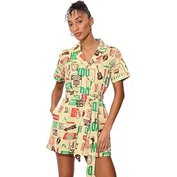 the souled store Official FRIENDS: Vintage Women and Girls Short Sleeves Collared Neck Button Front Off White All Over Printed Cotton Mini Jumpsuits-picture-40