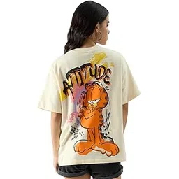 the souled store Official Garfield: Attitude Women and Girls Oversize Fit Half Sleeves Graphic Printed Cotton Beige Color T-Shirt-picture-37
