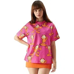 the souled store Official Garfield: Blah Womens and Girls Oversize Fit Half Sleeves Graphic Print Cotton Pink Color T-Shirt-picture-36
