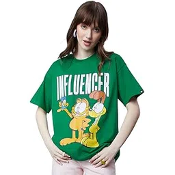 the souled store Official Garfield: Influencer Women and Girls Oversized fit Graphic Printed Half Cotton Green Color Oversized T-Shirts Oversized T Shirts for Women Baggy Boyfriend-picture-41