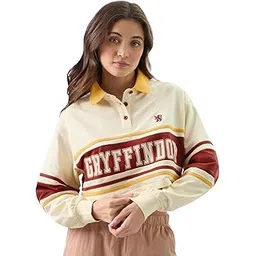 the souled store Official Harry Potter: Gryffindor Women and Girls Long Sleeve Collared Neck Off-White Graphic Printed Oversized Fit Cropped Rugby Polos-picture-32