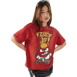 the souled store Official Inside Out: Fired Up Women and Girls Short Sleeves Round Neck Red Graphic Printed Cotton Oversized T-Shirts-picture-25