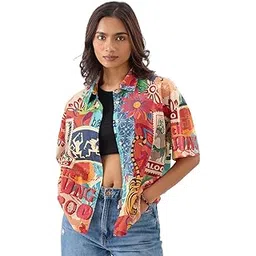 the souled store Official Jungle Book: Indie Vibe Women and Girls Short Sleeve Collared Neck Buttoned Front Oversized Fit Cotton Summer Shirts-picture-33