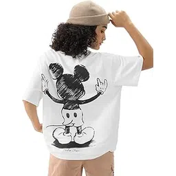 the souled store Official Mickey Mouse: The Coolest Women and Girls Short Sleeves Round Neck White Graphic Printed Cotton Oversized T-Shirts-picture-21