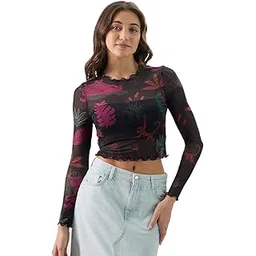 the souled store Official Mowgli & Friends Women and Girls Round Neck Full Sleeve Slim Fit Mesh Cropped Tops-picture-17