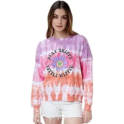 the souled store |Official Tie Dye: Stay Trippy Little Hippie Women and Girls|Full Sleeve| Loose fit Graphic Printed| 100% Cotton Multicolored Women Oversized Sweatshirts-picture-45