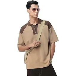 the souled store Ottoman Colourblock: Sepia Men and Boys Short Sleeves Collared Neck Brown Cotton Blend Oversized Zipper Polos-picture-14