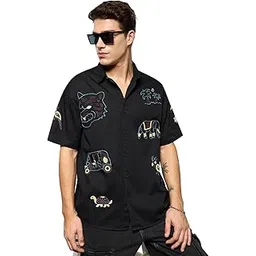 The Souled Store Oversized Shirt: Rural Men and Boys Short Sleeves Collared Neck Button Front Black Embroidered Cotton Oversized Shirts-picture-11