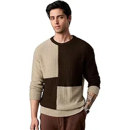 the souled store Oversized Sweater: Deep Mocha Men and Boys Full Sleeves Round Neck Brown and Beige Color-Block Textured Acrylic Casual Winter Oversized Fit Sweater Pullover-picture-21