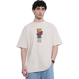 the souled store Oversized T-Shirt: Bear Minimum Men and Boys Short Sleeves Round Neck Beige Graphic Printed Cotton Oversized T-Shirts-picture-31