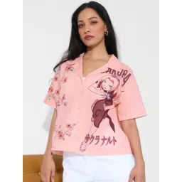 The Souled Store Pink Cotton Loose Fit Printed Shirt-picture-41