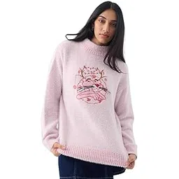 the souled store Pink Panther: Christmas Women and Girls Full Sleeves Mock Neck Light Pink Embroidered Animal Graphic Nylon Acrylic Blend Oversized Fit Casual Pullover Sweater-picture-25